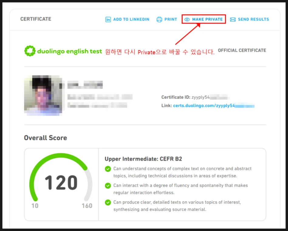 듀오링고 영어시험 결과 보내기 14