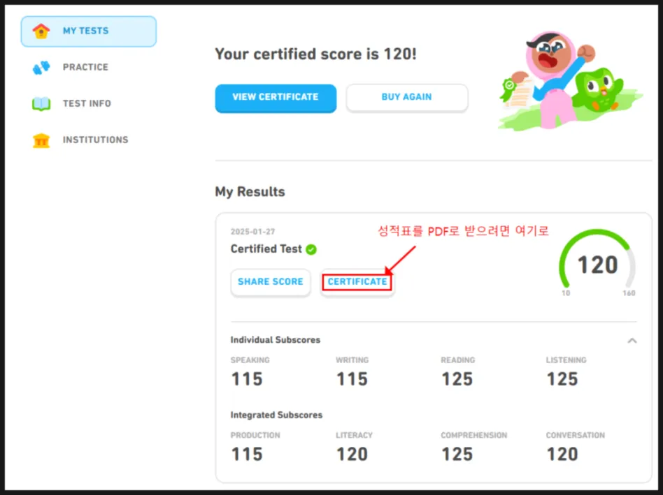 듀오링고 영어시험 결과 보내기 3