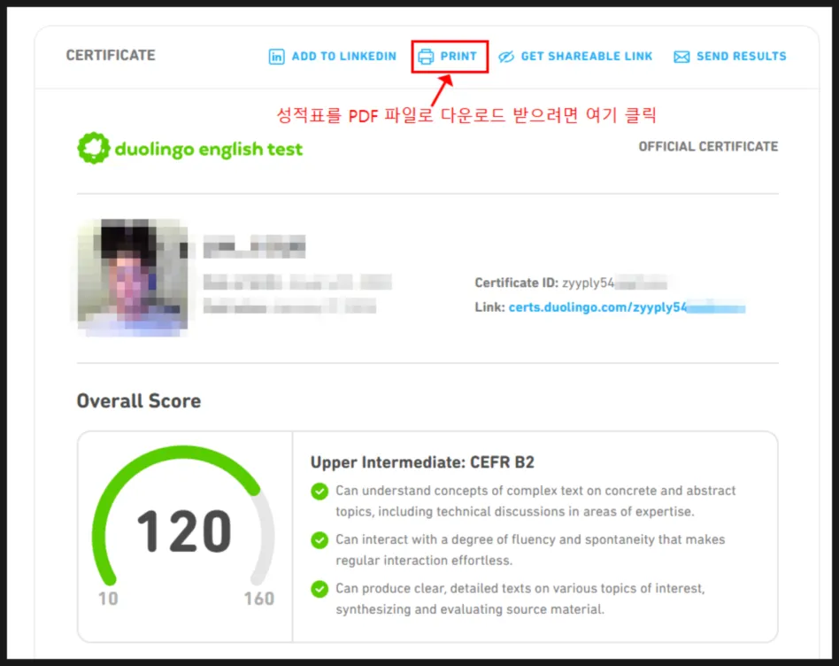 듀오링고 영어시험 결과 보내기 4